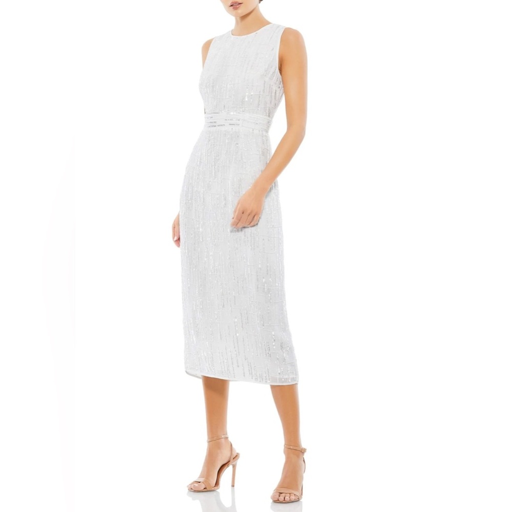 Mac Duggal White Abstract Sequin & Bead Striped Dress 93597 Size 12